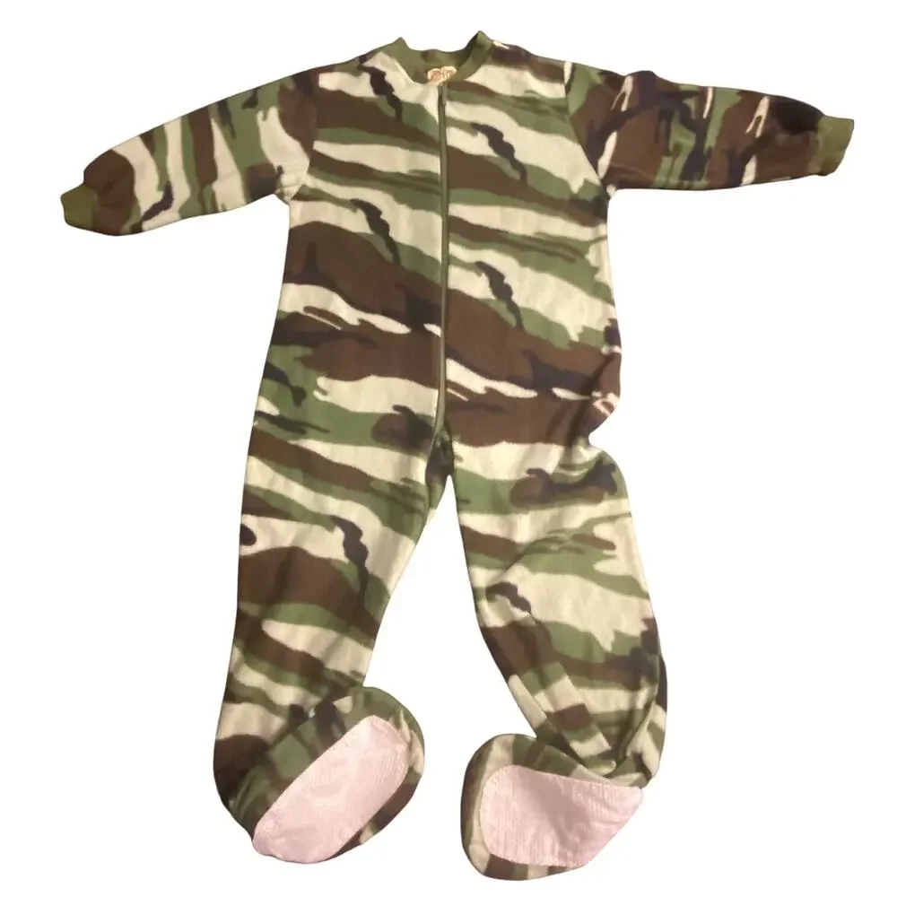 Big Feet Kids XS 5/6 Green Camo Fleece Footed Pajamas Sleeper Military Hunting